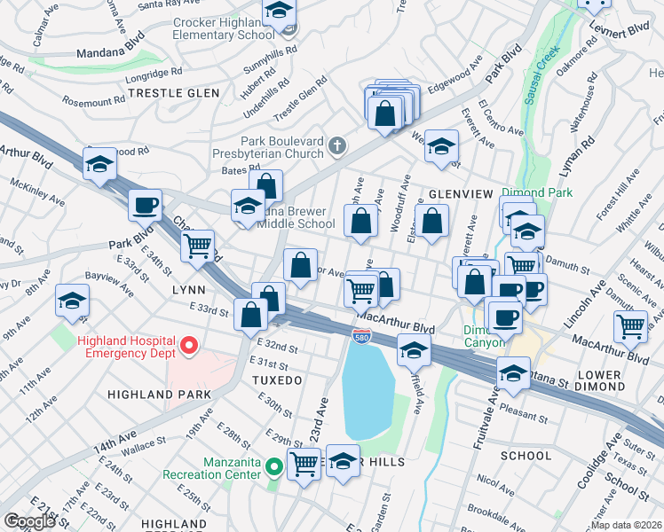 map of restaurants, bars, coffee shops, grocery stores, and more near 3745 Randolph Avenue in Oakland