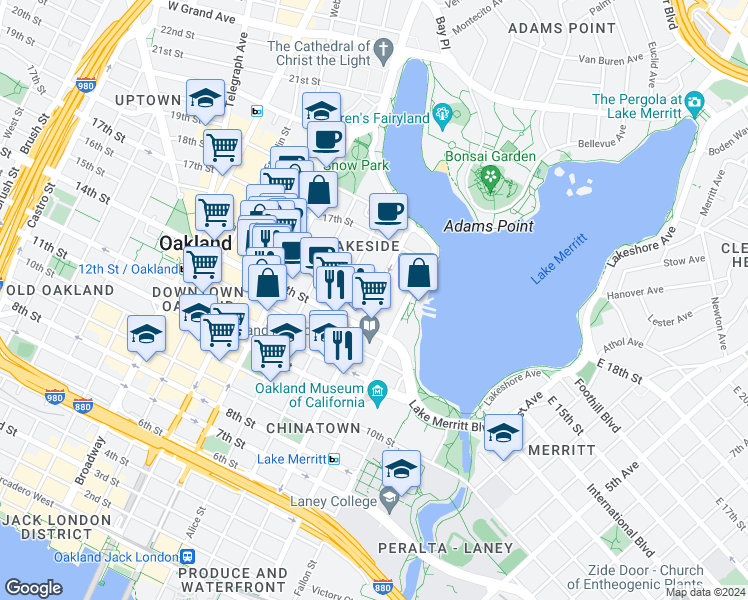 map of restaurants, bars, coffee shops, grocery stores, and more near 7 15th Street in Oakland