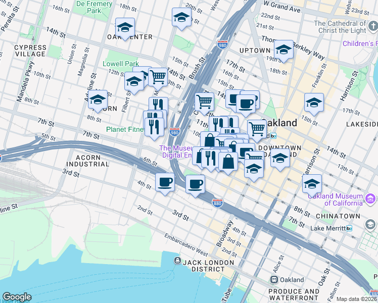 map of restaurants, bars, coffee shops, grocery stores, and more near in Oakland