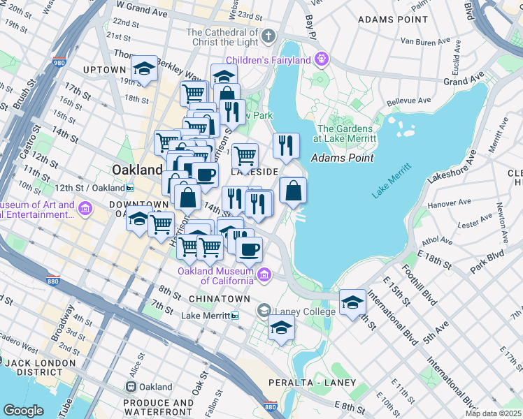 map of restaurants, bars, coffee shops, grocery stores, and more near 1499 Madison Street in Oakland