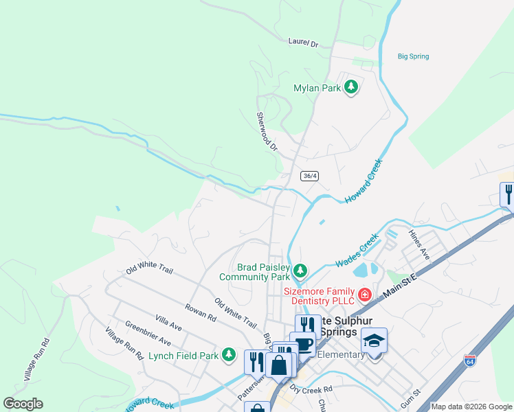 map of restaurants, bars, coffee shops, grocery stores, and more near 155-165 Glen Andrew Road in White Sulphur Springs