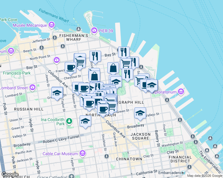 map of restaurants, bars, coffee shops, grocery stores, and more near 425 Greenwich Street in San Francisco