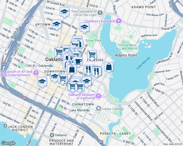 map of restaurants, bars, coffee shops, grocery stores, and more near 1505 Jackson Street in Oakland