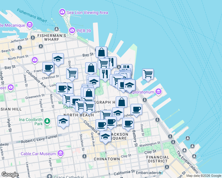 map of restaurants, bars, coffee shops, grocery stores, and more near 287 Greenwich Street in San Francisco