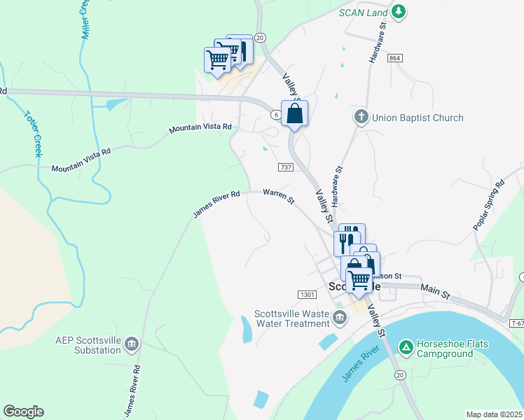 map of restaurants, bars, coffee shops, grocery stores, and more near 395 Warren Street in Scottsville