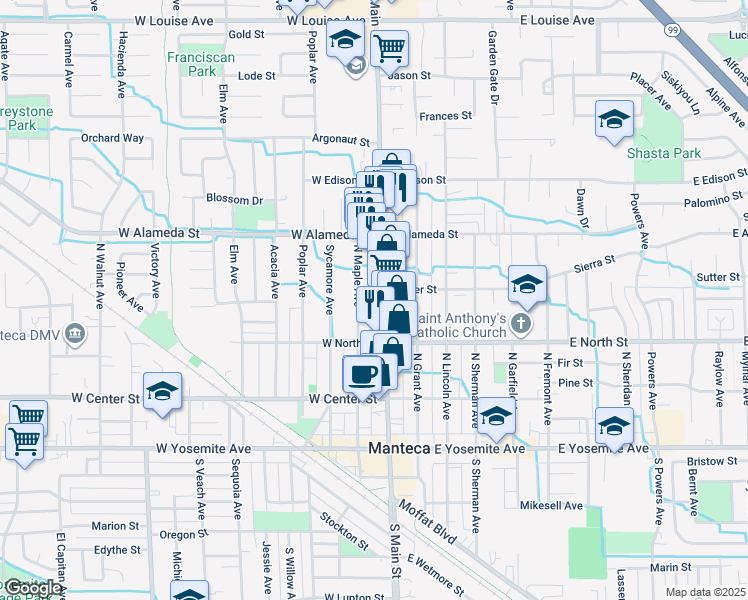 map of restaurants, bars, coffee shops, grocery stores, and more near 342 North Main Street in Manteca