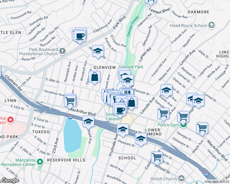 map of restaurants, bars, coffee shops, grocery stores, and more near 3769 Dimond Avenue in Oakland