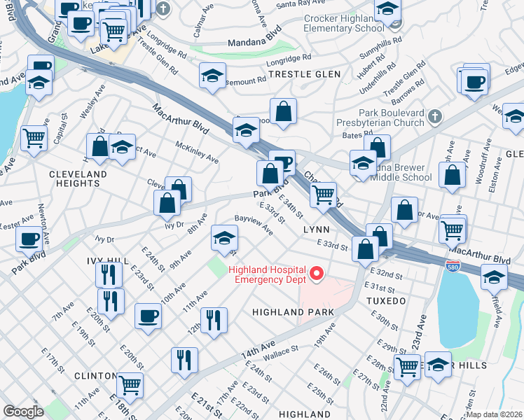 map of restaurants, bars, coffee shops, grocery stores, and more near 1008 East 33rd Street in Oakland