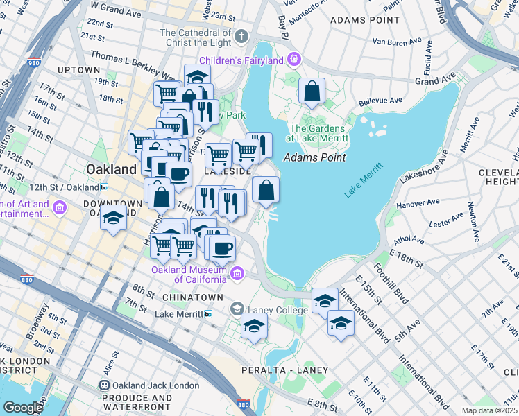 map of restaurants, bars, coffee shops, grocery stores, and more near 1520 Lakeside Drive in Oakland