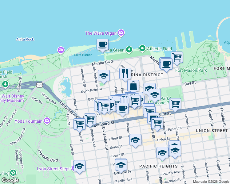 map of restaurants, bars, coffee shops, grocery stores, and more near in San Francisco