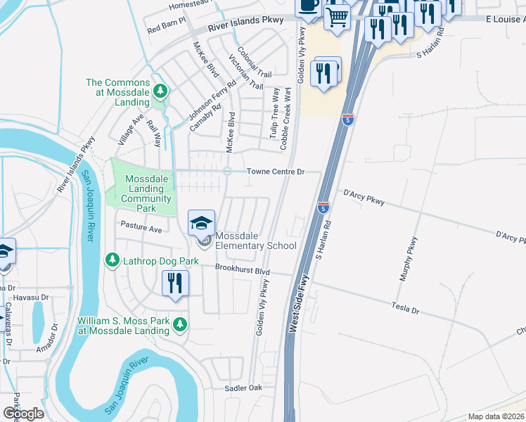 map of restaurants, bars, coffee shops, grocery stores, and more near 17351 Ferndale Street in Lathrop