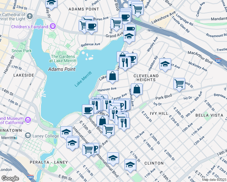map of restaurants, bars, coffee shops, grocery stores, and more near 322 Hanover Avenue in Oakland