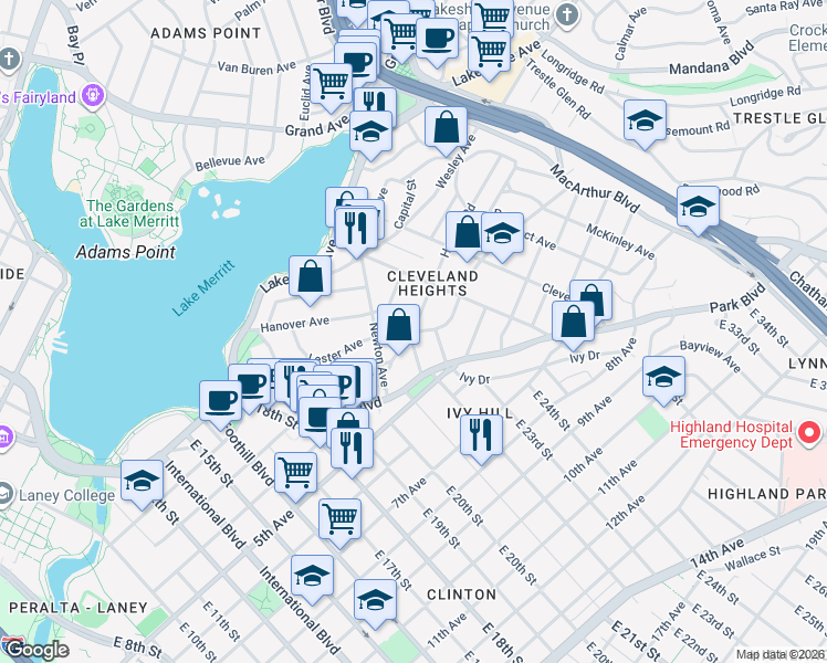 map of restaurants, bars, coffee shops, grocery stores, and more near Athol Avenue in Oakland