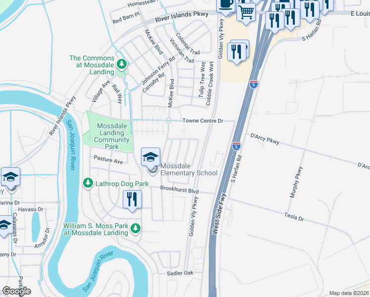 map of restaurants, bars, coffee shops, grocery stores, and more near 17385 Stone Celler Way in Lathrop