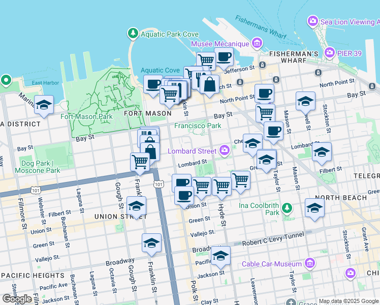 map of restaurants, bars, coffee shops, grocery stores, and more near 2677 Larkin Street in San Francisco
