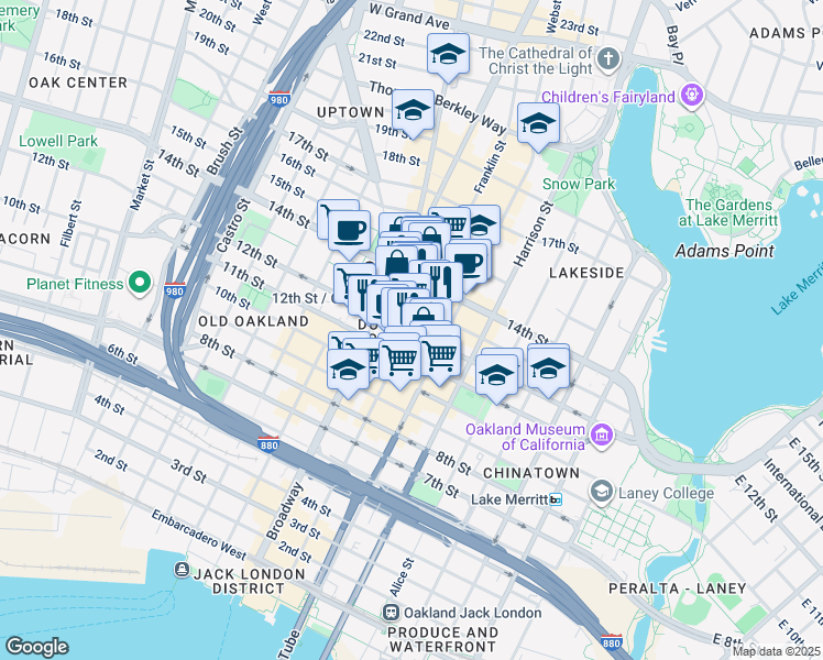 map of restaurants, bars, coffee shops, grocery stores, and more near 394 12th Street in Oakland