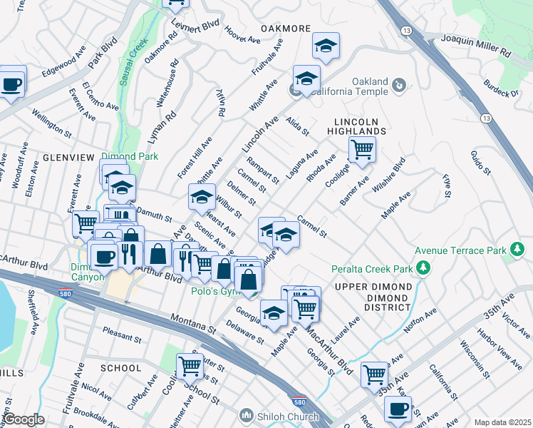 map of restaurants, bars, coffee shops, grocery stores, and more near 2605 Carmel Street in Oakland