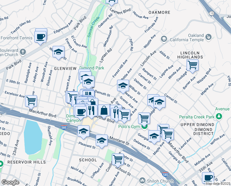 map of restaurants, bars, coffee shops, grocery stores, and more near 17 Whittle Court in Oakland