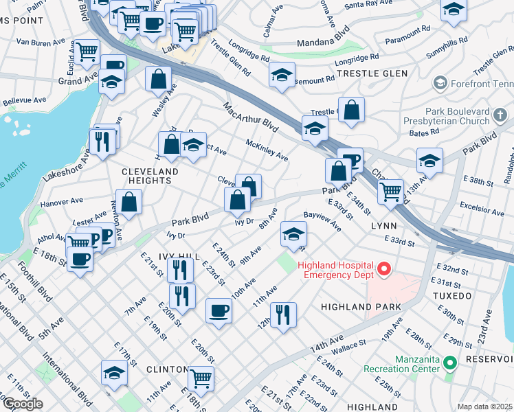 map of restaurants, bars, coffee shops, grocery stores, and more near 2819 Park Boulevard in Oakland