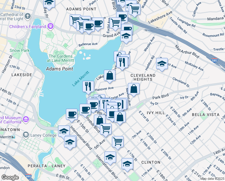 map of restaurants, bars, coffee shops, grocery stores, and more near 315 Hanover Avenue in Oakland
