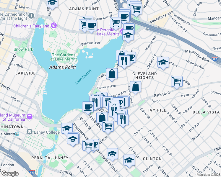 map of restaurants, bars, coffee shops, grocery stores, and more near 315 Hanover Avenue in Oakland