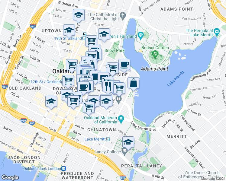 map of restaurants, bars, coffee shops, grocery stores, and more near 1505 Jackson Street in Oakland