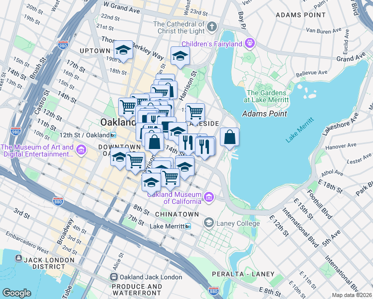 map of restaurants, bars, coffee shops, grocery stores, and more near 1505 Jackson Street in Oakland