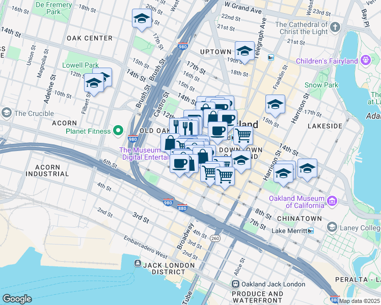 map of restaurants, bars, coffee shops, grocery stores, and more near 555 12th Street in Oakland