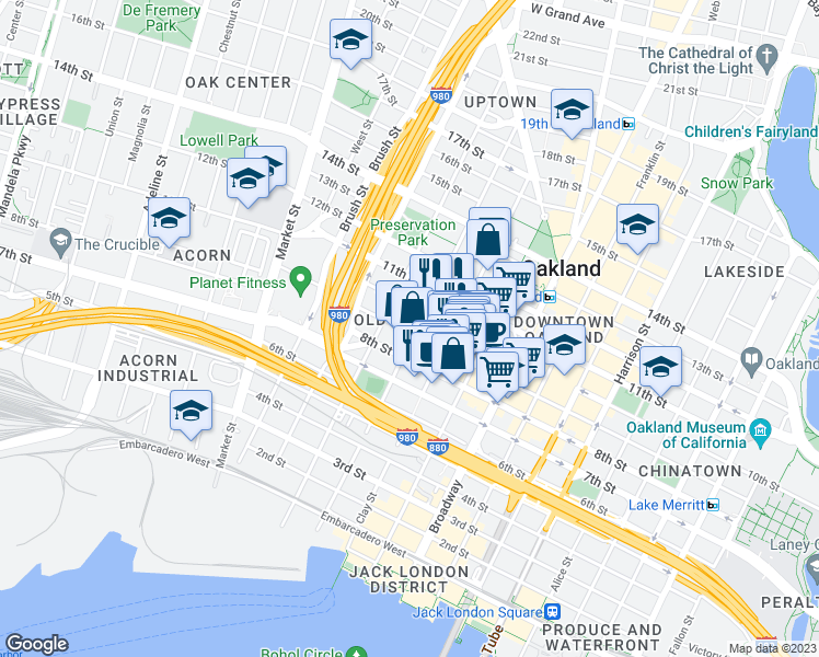 map of restaurants, bars, coffee shops, grocery stores, and more near in Oakland