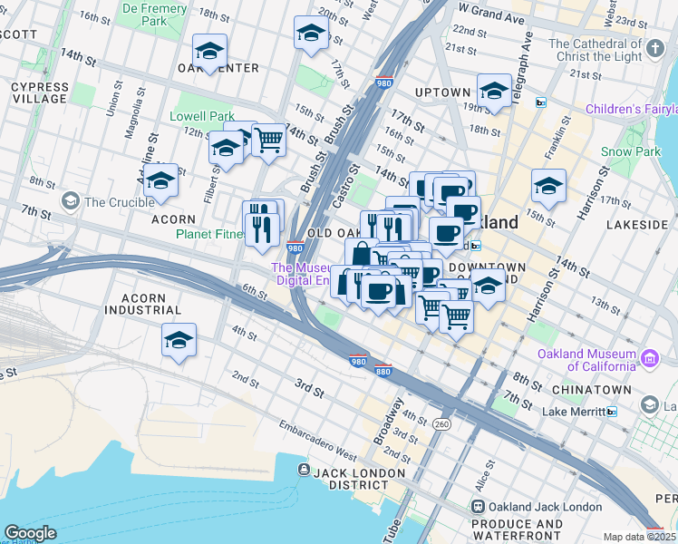 map of restaurants, bars, coffee shops, grocery stores, and more near 666 9th Street in Oakland