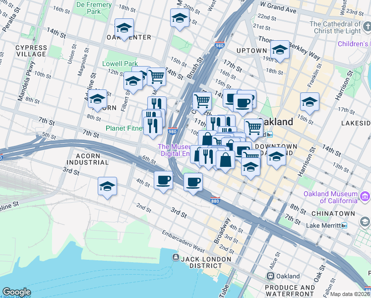 map of restaurants, bars, coffee shops, grocery stores, and more near in Oakland