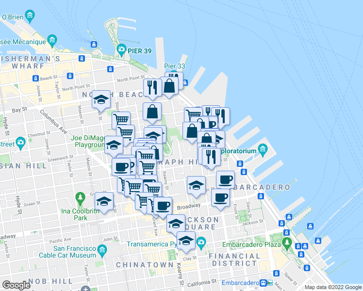 map of restaurants, bars, coffee shops, grocery stores, and more near 287 Greenwich Street in San Francisco