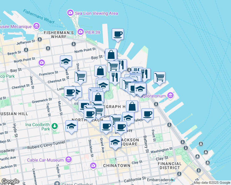 map of restaurants, bars, coffee shops, grocery stores, and more near 287 Greenwich Street in San Francisco
