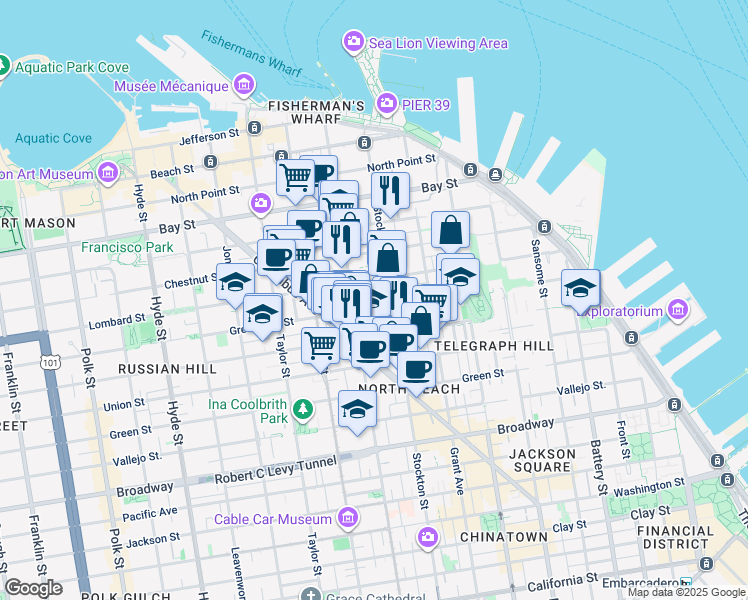 map of restaurants, bars, coffee shops, grocery stores, and more near 636 Greenwich Street in San Francisco