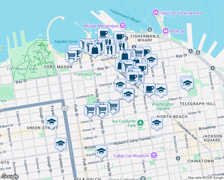 map of restaurants, bars, coffee shops, grocery stores, and more near 899 Chestnut Street in San Francisco