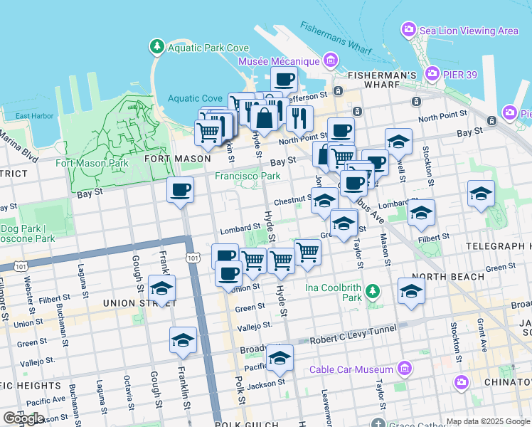 map of restaurants, bars, coffee shops, grocery stores, and more near in San Francisco