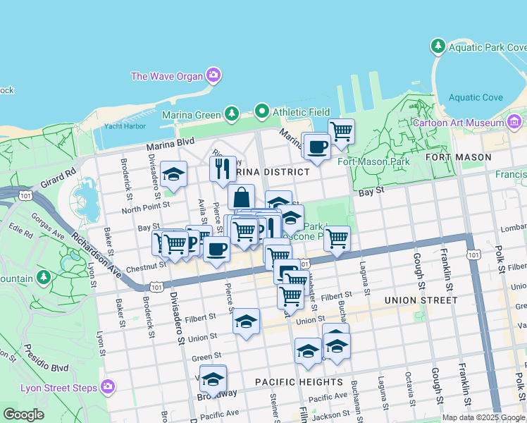 map of restaurants, bars, coffee shops, grocery stores, and more near 25 Cervantes Boulevard in San Francisco
