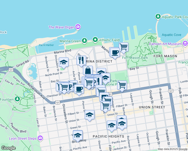 map of restaurants, bars, coffee shops, grocery stores, and more near 25 Cervantes Boulevard in San Francisco