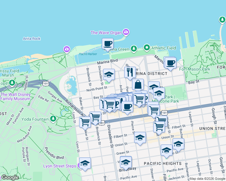 map of restaurants, bars, coffee shops, grocery stores, and more near 2100 North Point Street in San Francisco