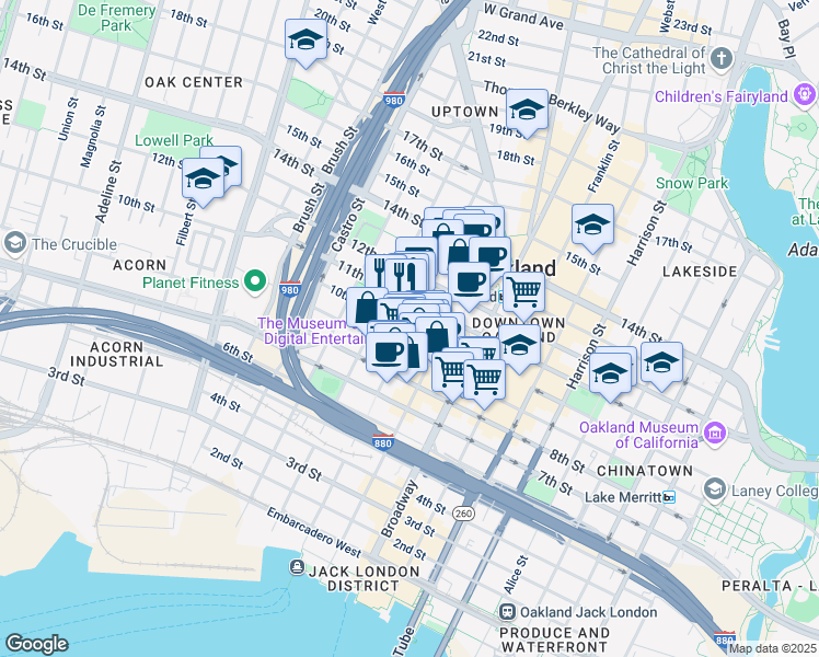 map of restaurants, bars, coffee shops, grocery stores, and more near 1001 Clay Street in Oakland