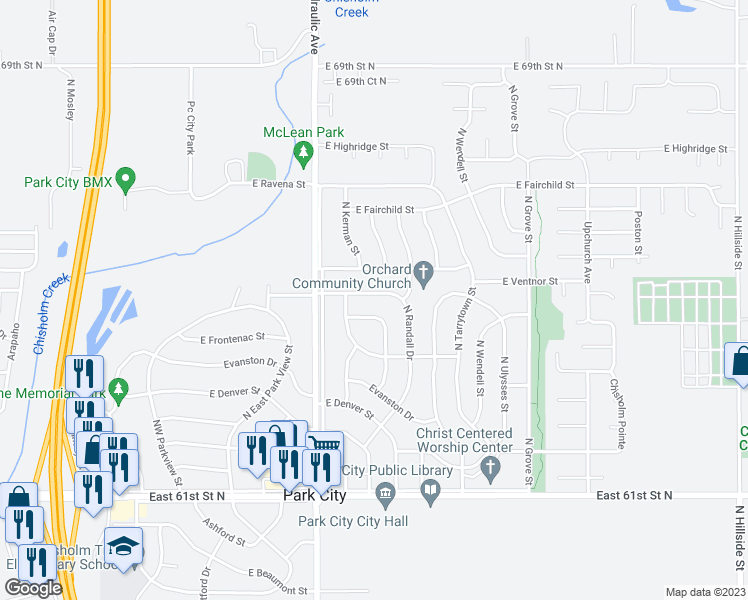 map of restaurants, bars, coffee shops, grocery stores, and more near 1901 East Gary Street in Wichita