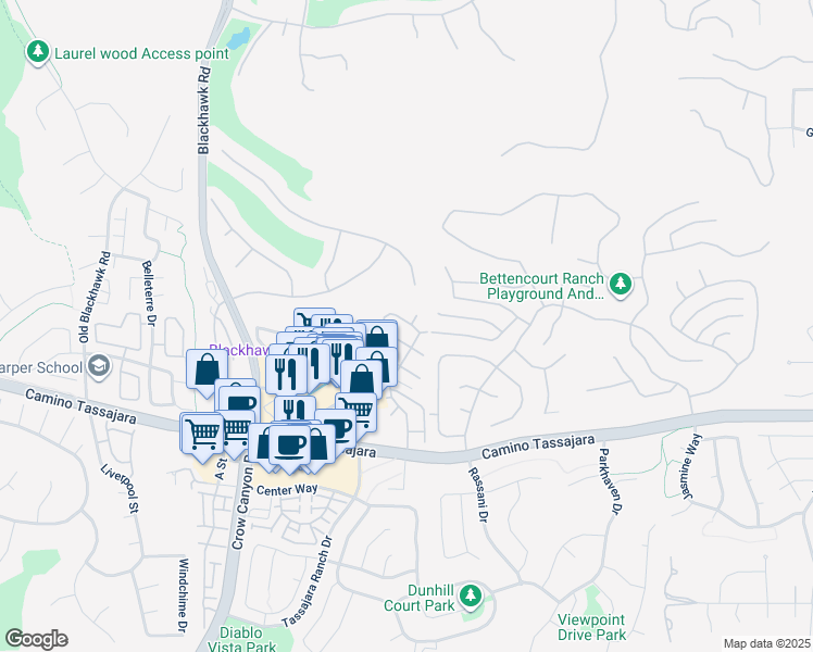 map of restaurants, bars, coffee shops, grocery stores, and more near 4390 Conejo Drive in Danville