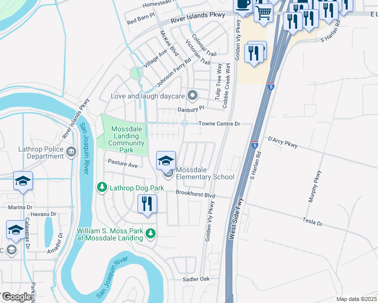 map of restaurants, bars, coffee shops, grocery stores, and more near 17350 Pheasant Downs Road in Lathrop