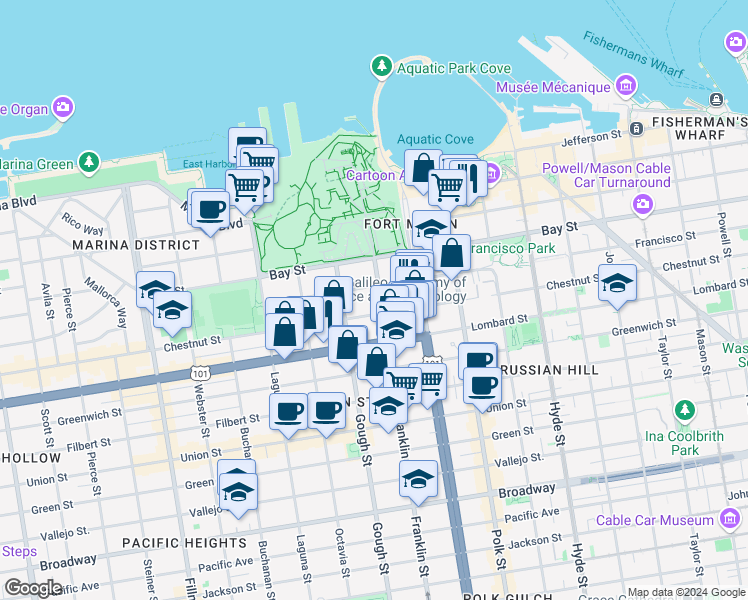 map of restaurants, bars, coffee shops, grocery stores, and more near 1308 Francisco Street in San Francisco
