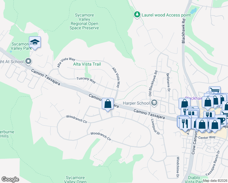 map of restaurants, bars, coffee shops, grocery stores, and more near 15 Versailles Court in Danville