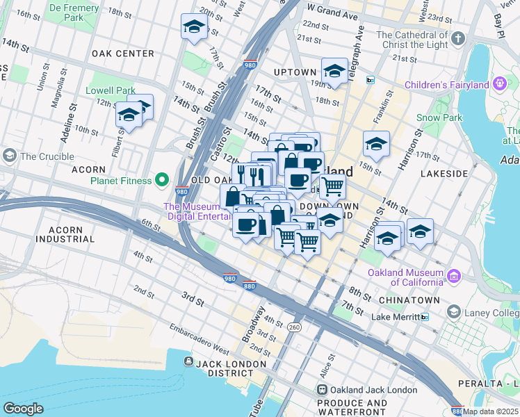 map of restaurants, bars, coffee shops, grocery stores, and more near 1001 Clay Street in Oakland