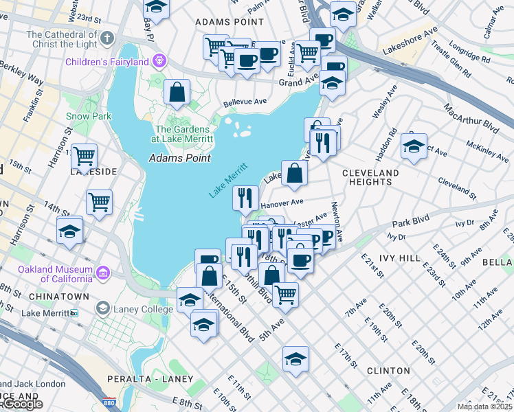 map of restaurants, bars, coffee shops, grocery stores, and more near 211 Hanover Avenue in Oakland