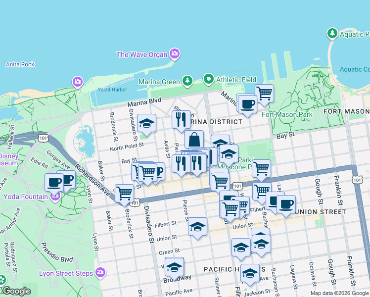 map of restaurants, bars, coffee shops, grocery stores, and more near 10 Capra Way in San Francisco