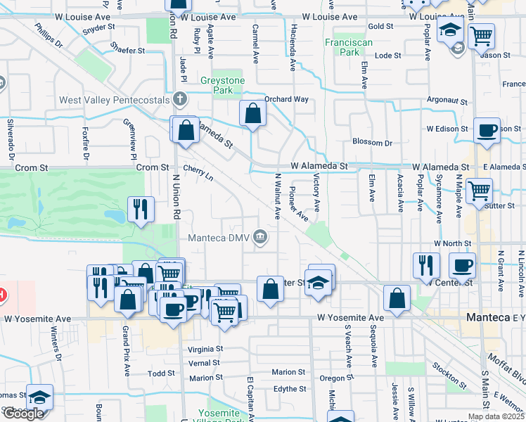 map of restaurants, bars, coffee shops, grocery stores, and more near 384 Sun Haven Place in Manteca