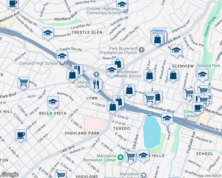 map of restaurants, bars, coffee shops, grocery stores, and more near 1374 East 36th Street in Oakland